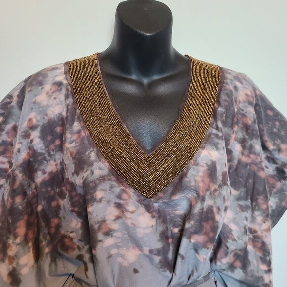 BLUE Saks Fifth Avenue Kaftan Syle Tunic Blouse Small Beaded V Neck  Tie Waist - Picture 2 of 6